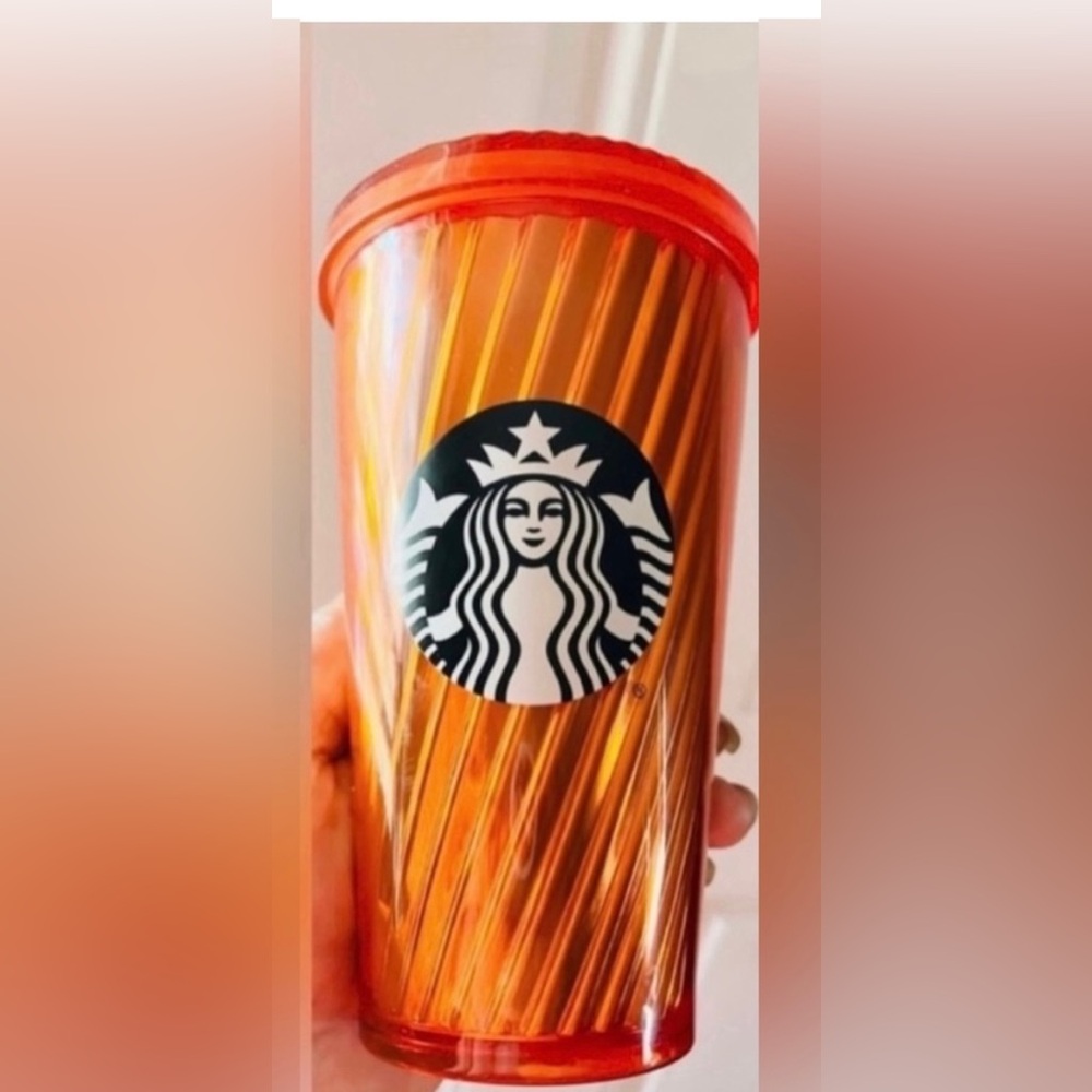 VINTAGE STARBUCKS RIBBED MERMAID COLD CUP (16 FL OZ) - ORANGE (MINT CONDITION)
